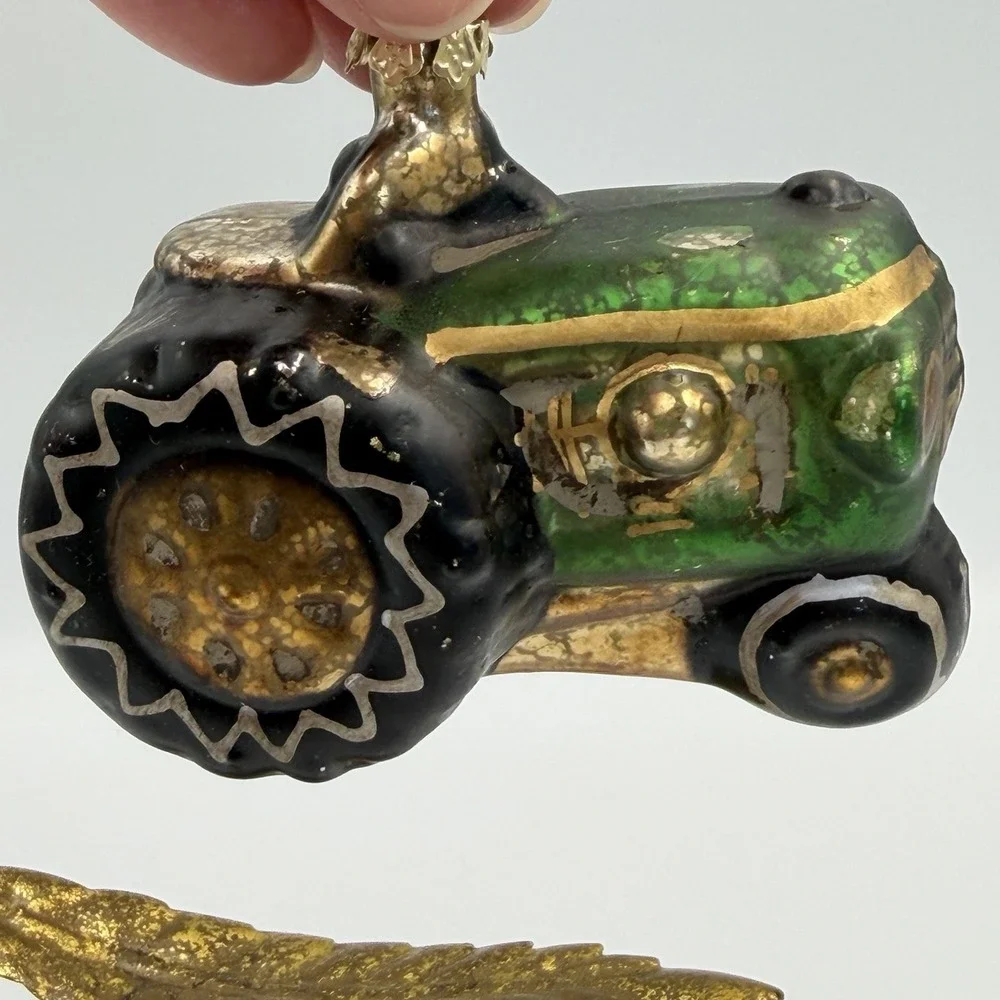 Mercury‎ Glass Hand Painted Green Tractor Ornament with Gold Detailing